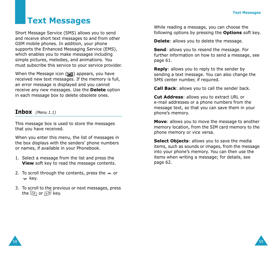 Text messages, Inbox | Samsung SGH-V206MSAAWS User Manual | Page 31 / 85