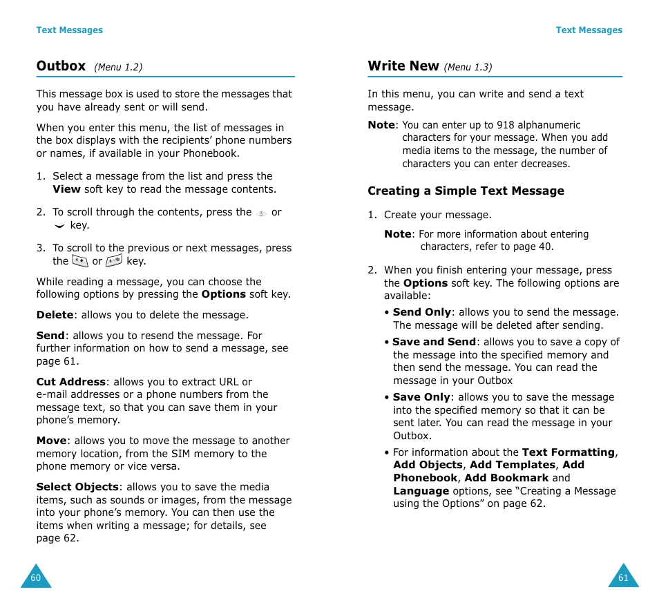 Outbox, Write new | Samsung SGH-V206MSAAWS User Manual | Page 32 / 85