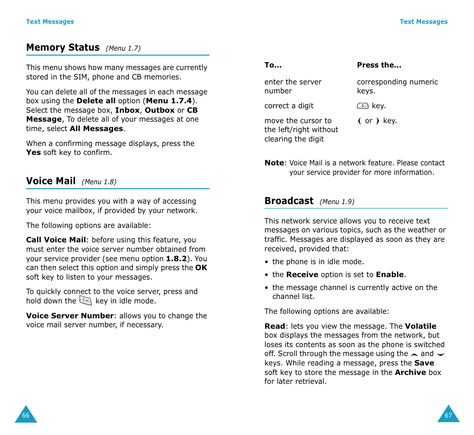 Voice mail, Broadcast | Samsung SGH-V206MSAAWS User Manual | Page 35 / 85