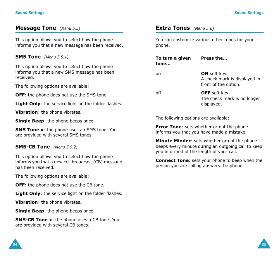 Message tone, Extra tones | Samsung SGH-V206MSAAWS User Manual | Page 44 / 85