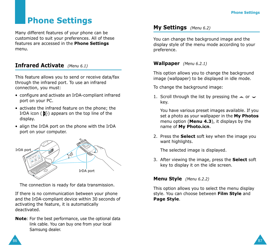 Phone settings, Infrared activate, My settings | Samsung SGH-V206MSAAWS User Manual | Page 45 / 85