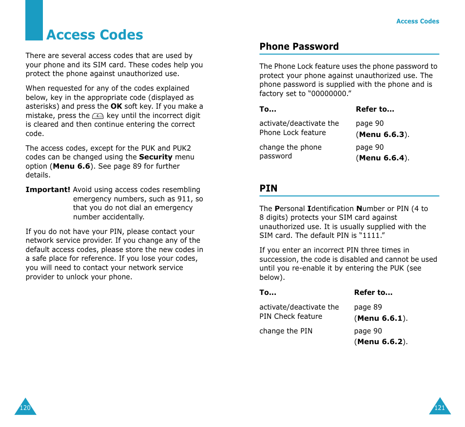 Access codes, Phone password | Samsung SGH-V206MSAAWS User Manual | Page 62 / 85