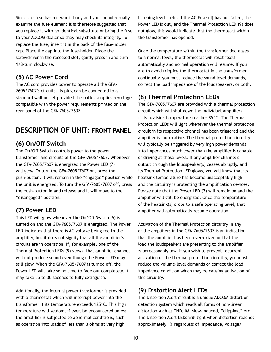 Description of unit | Adcom GFA-7605 User Manual | Page 10 / 16