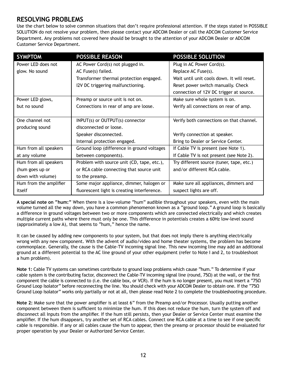 Resolving problems | Adcom GFA-7605 User Manual | Page 12 / 16