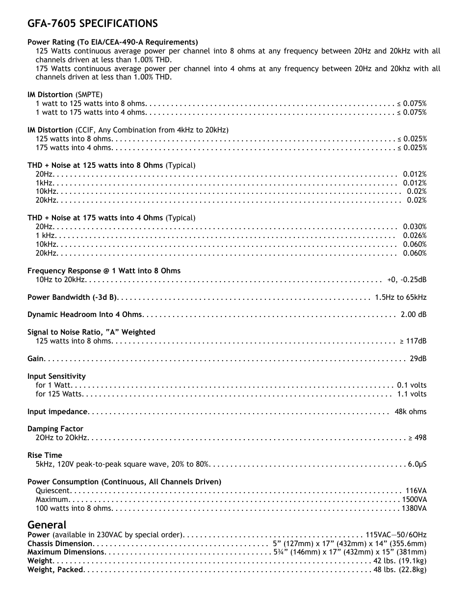 Gfa-7605 specifications, General | Adcom GFA-7605 User Manual | Page 14 / 16