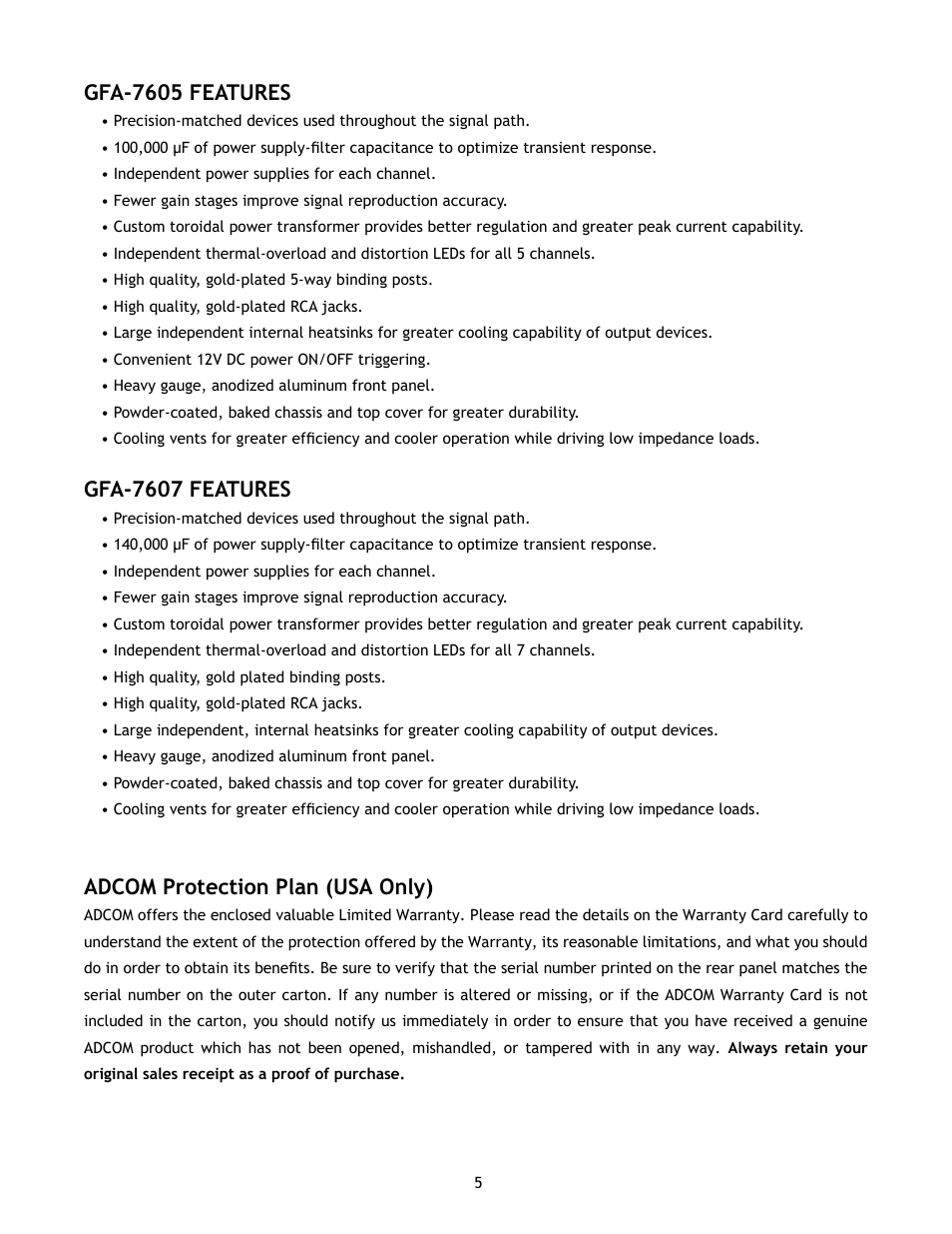 Gfa-7605 features, Gfa-7607 features, Adcom protection plan (usa only) | Adcom GFA-7605 User Manual | Page 5 / 16