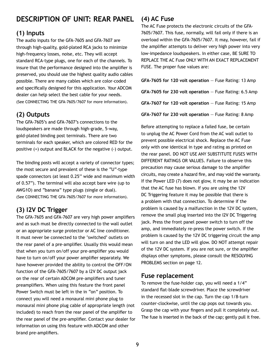 Description of unit: rear panel, 1) inputs, 2) outputs | 3) i2v dc trigger, 4) ac fuse, Fuse replacement | Adcom GFA-7605 User Manual | Page 9 / 16