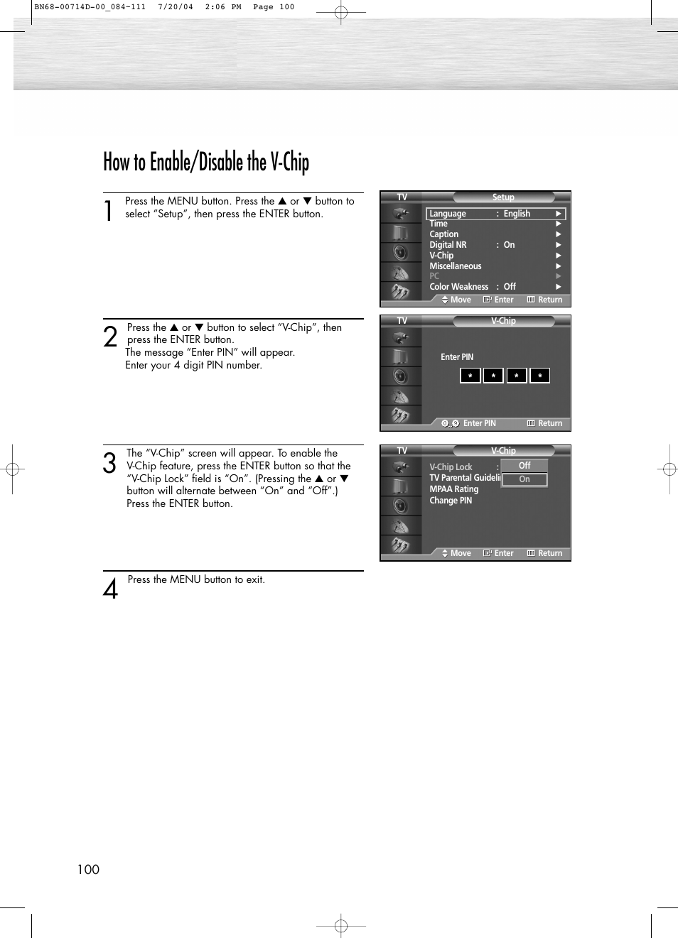 How to enable/disable the v-chip | Samsung PL50D4HX-STR User Manual | Page 100 / 112