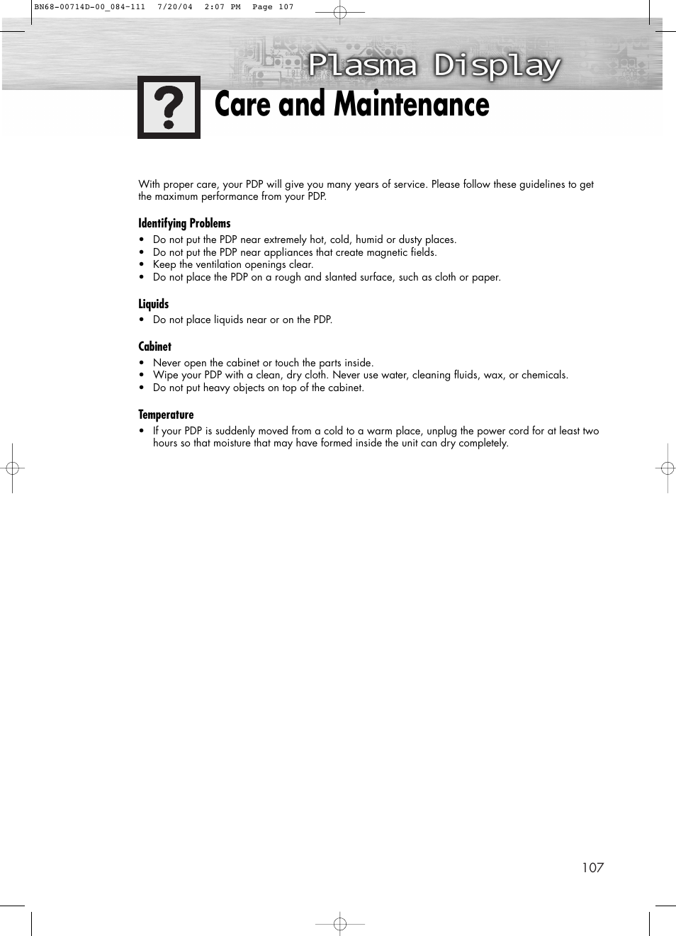 Care and maintenance | Samsung PL50D4HX-STR User Manual | Page 107 / 112