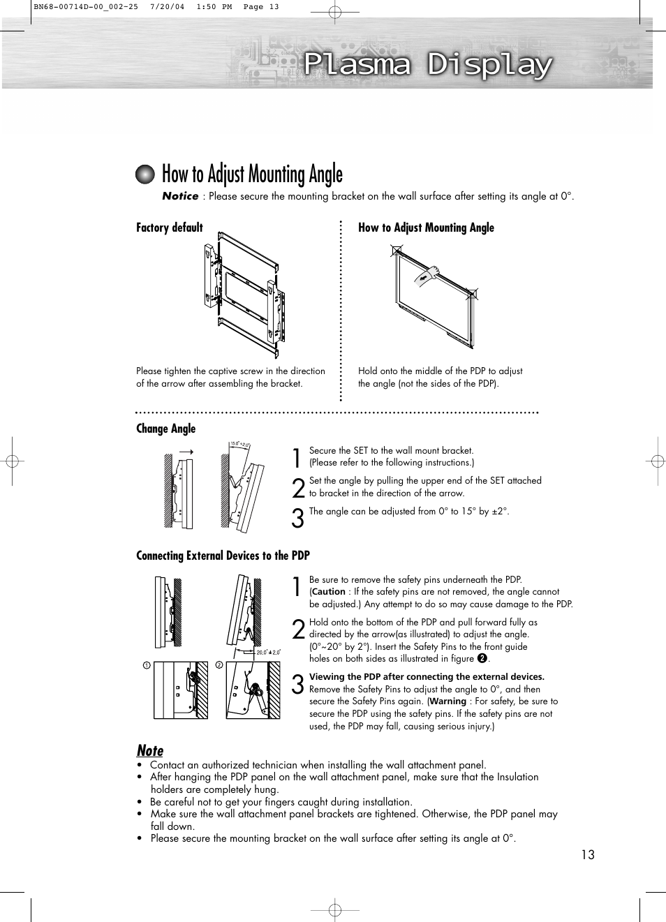 How to adjust mounting angle | Samsung PL50D4HX-STR User Manual | Page 13 / 112