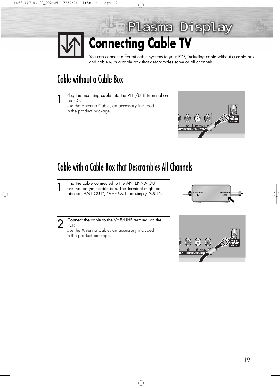 Connecting cable tv, Cable without a cable box | Samsung PL50D4HX-STR User Manual | Page 19 / 112