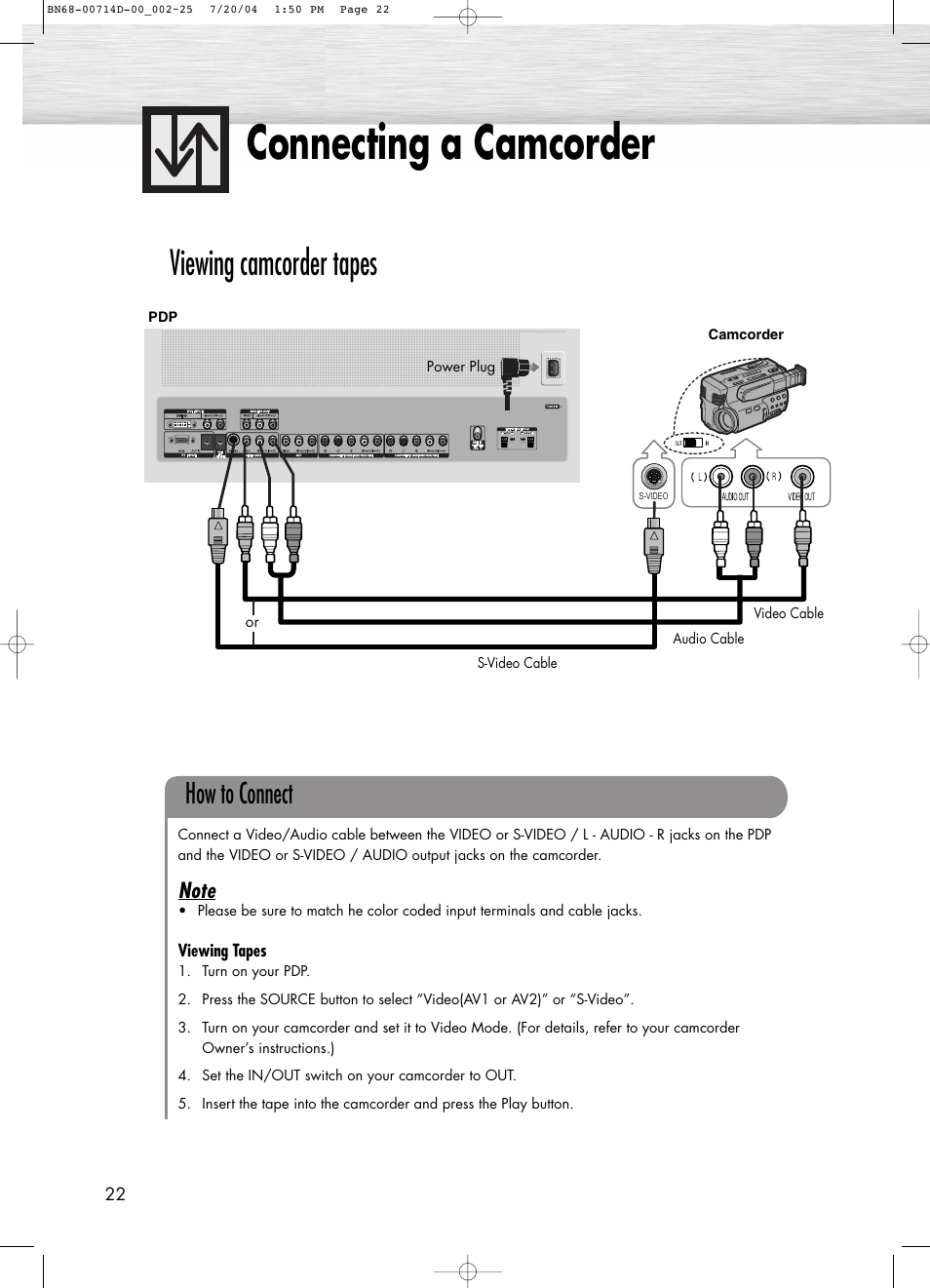 Connecting a camcorder, Viewing camcorder tapes, How to connect | Samsung PL50D4HX-STR User Manual | Page 22 / 112