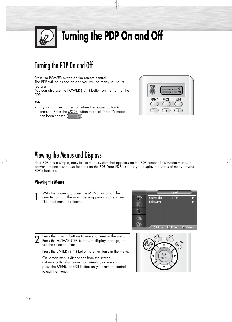 Turning the pdp on and off, Viewing the menus and displays | Samsung PL50D4HX-STR User Manual | Page 26 / 112