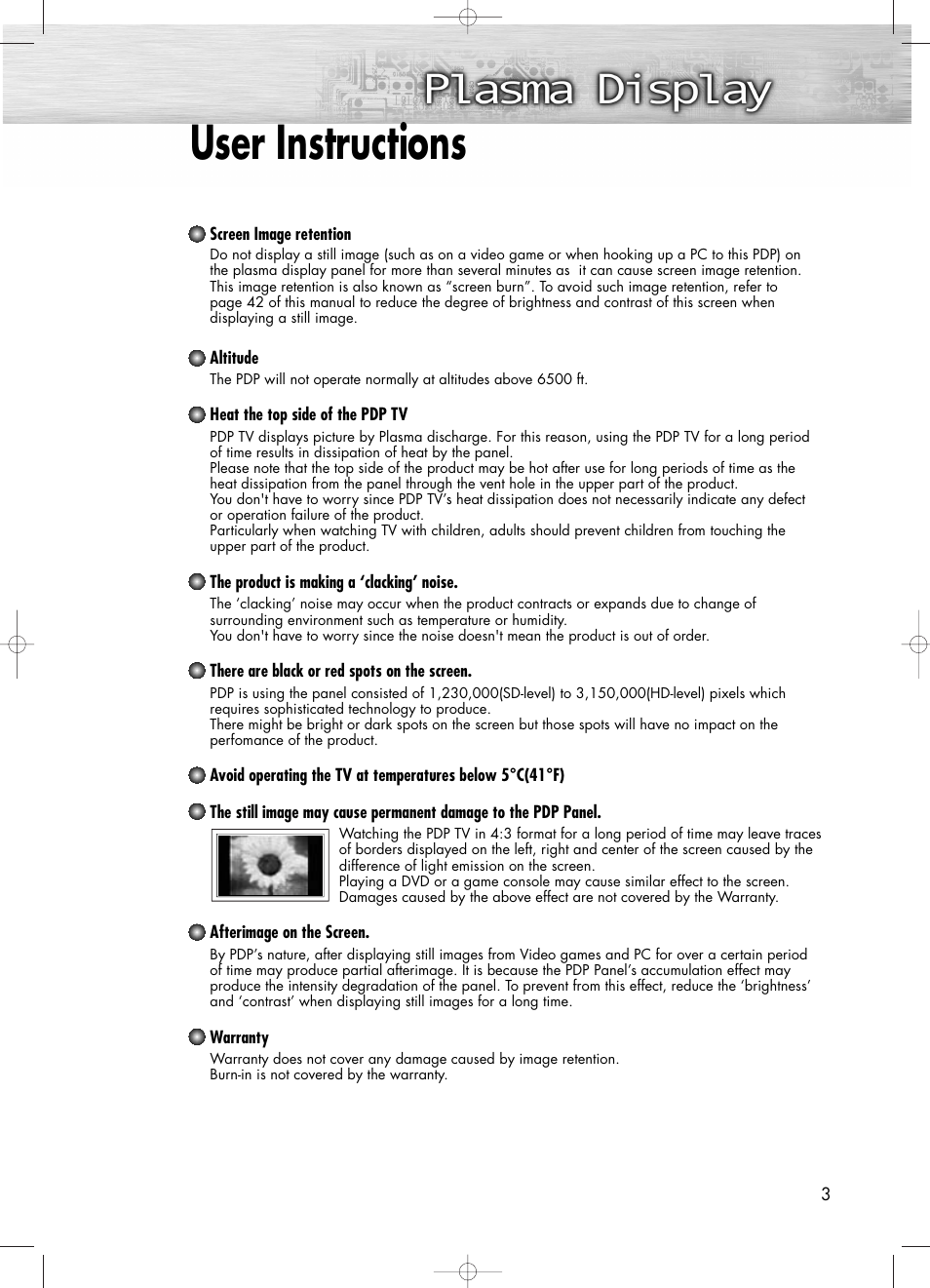 User instructions | Samsung PL50D4HX-STR User Manual | Page 3 / 112