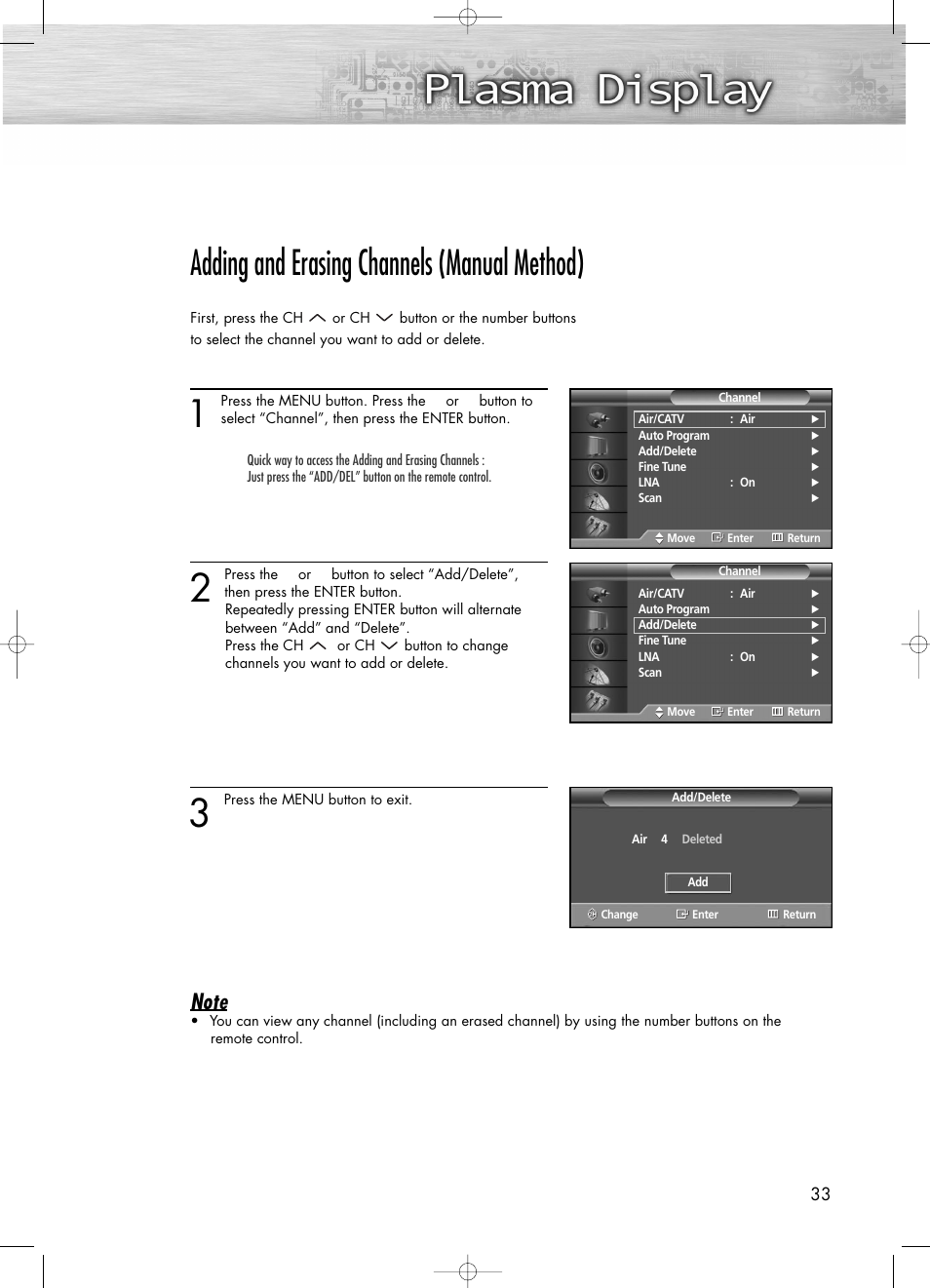 Adding and erasing channels (manual method) | Samsung PL50D4HX-STR User Manual | Page 33 / 112