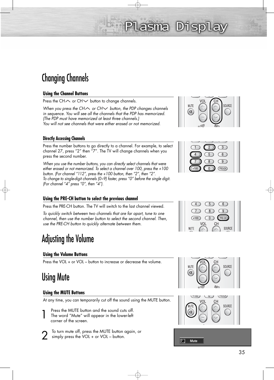 Changing channels, Adjusting the volume, Using mute | Samsung PL50D4HX-STR User Manual | Page 35 / 112