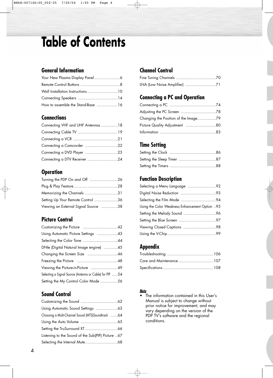 Samsung PL50D4HX-STR User Manual | Page 4 / 112