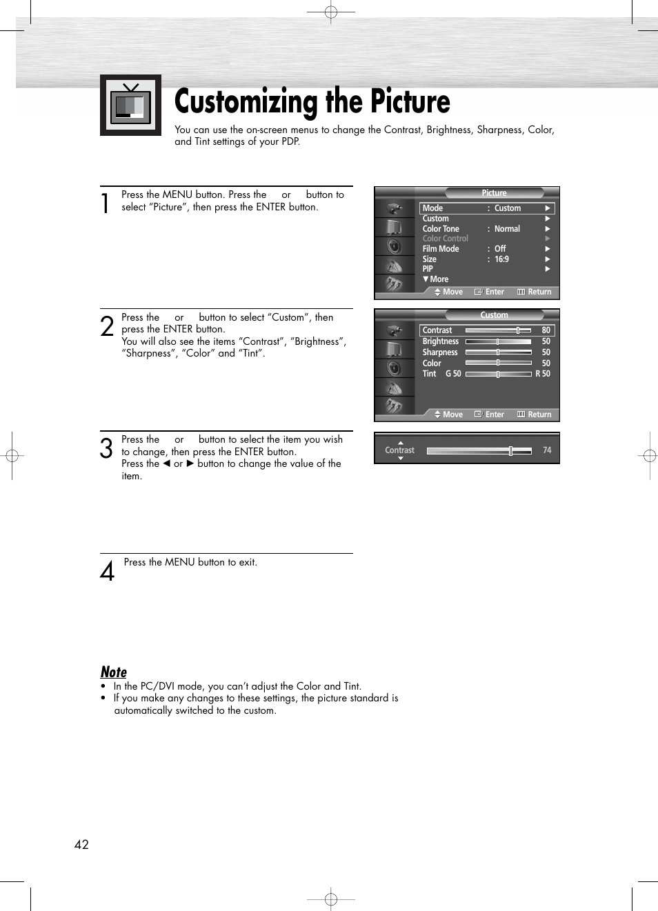 Customizing the picture | Samsung PL50D4HX-STR User Manual | Page 42 / 112