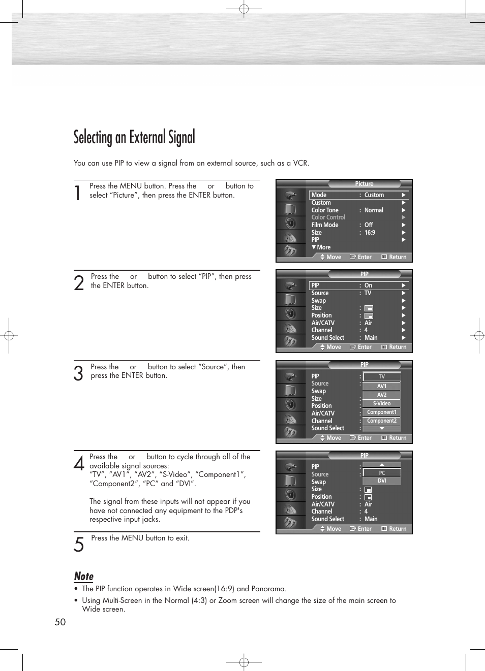 Selecting an external signal | Samsung PL50D4HX-STR User Manual | Page 50 / 112