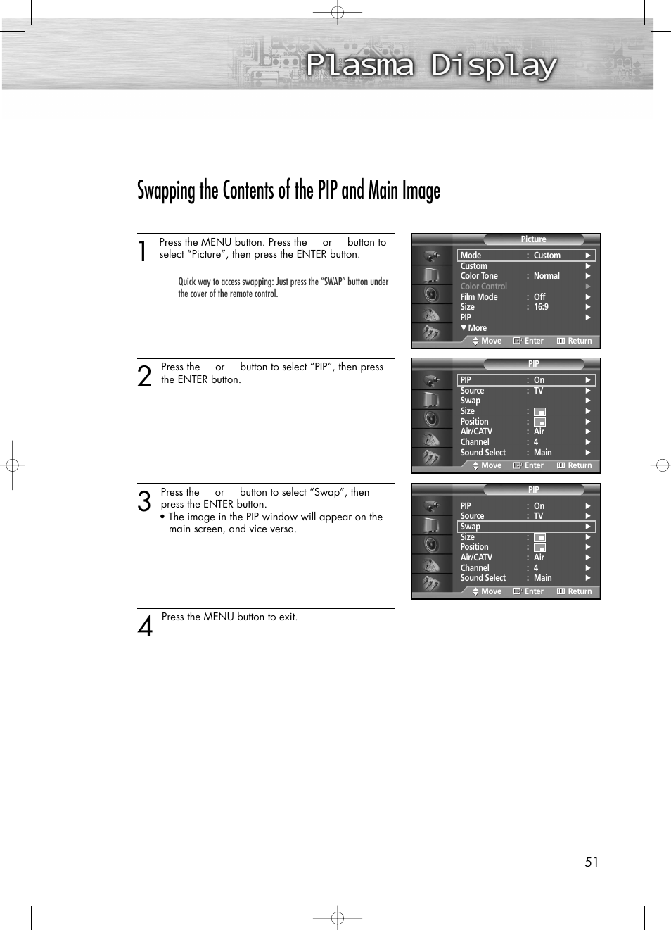 Swapping the contents of the pip and main image | Samsung PL50D4HX-STR User Manual | Page 51 / 112