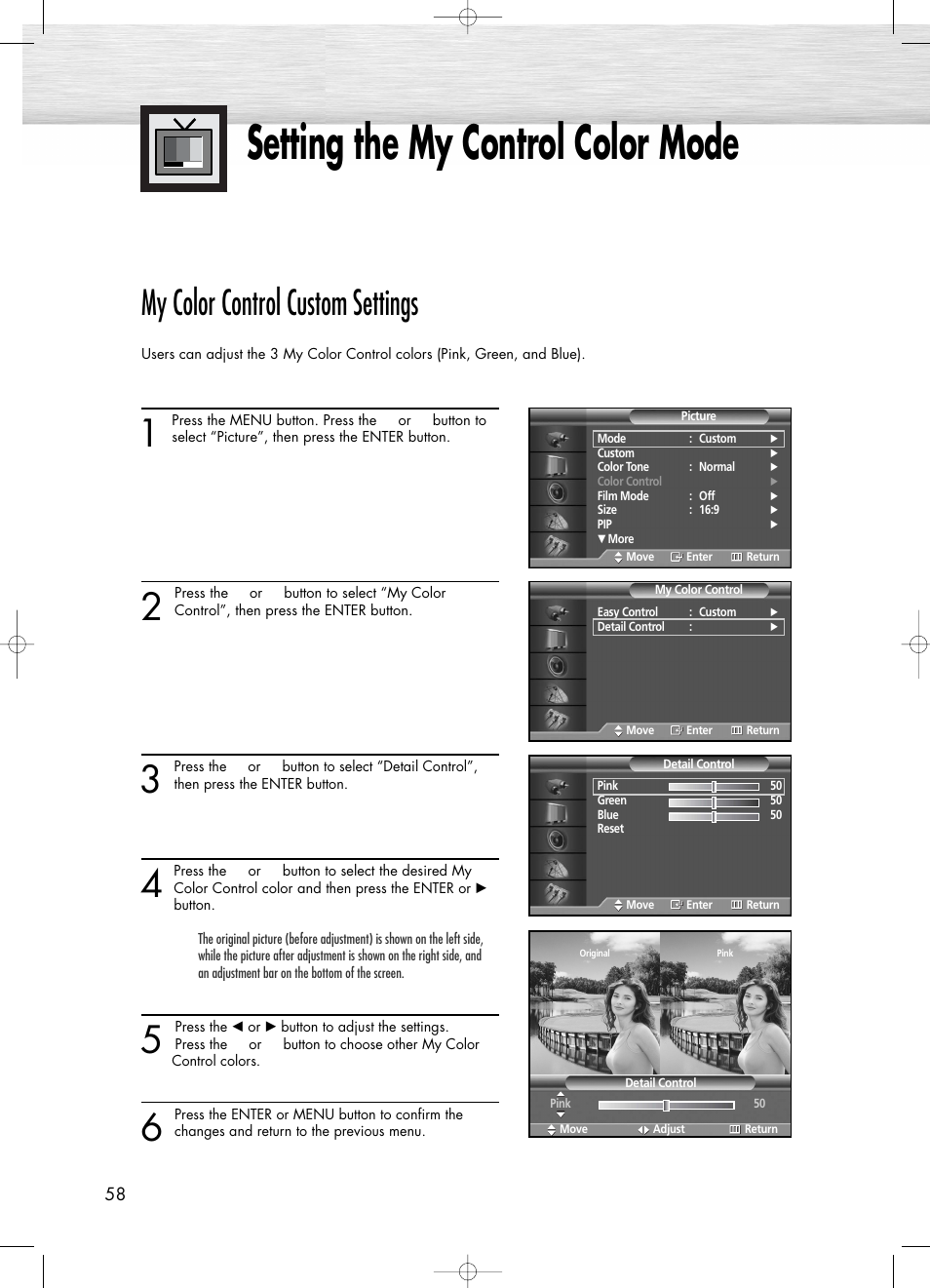 Setting the my control color mode, My color control custom settings | Samsung PL50D4HX-STR User Manual | Page 58 / 112