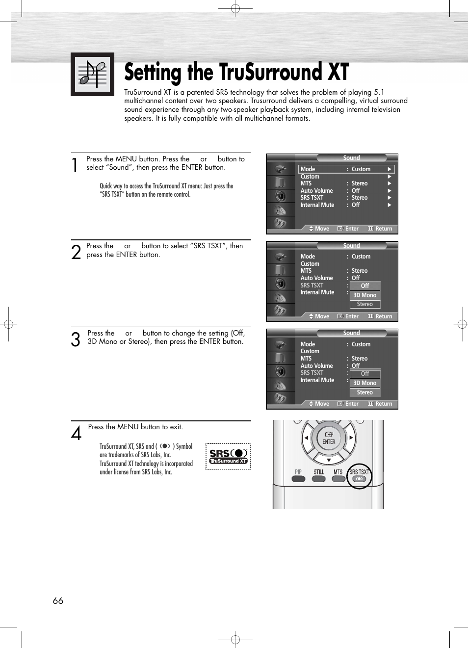 Setting the trusurround xt | Samsung PL50D4HX-STR User Manual | Page 66 / 112