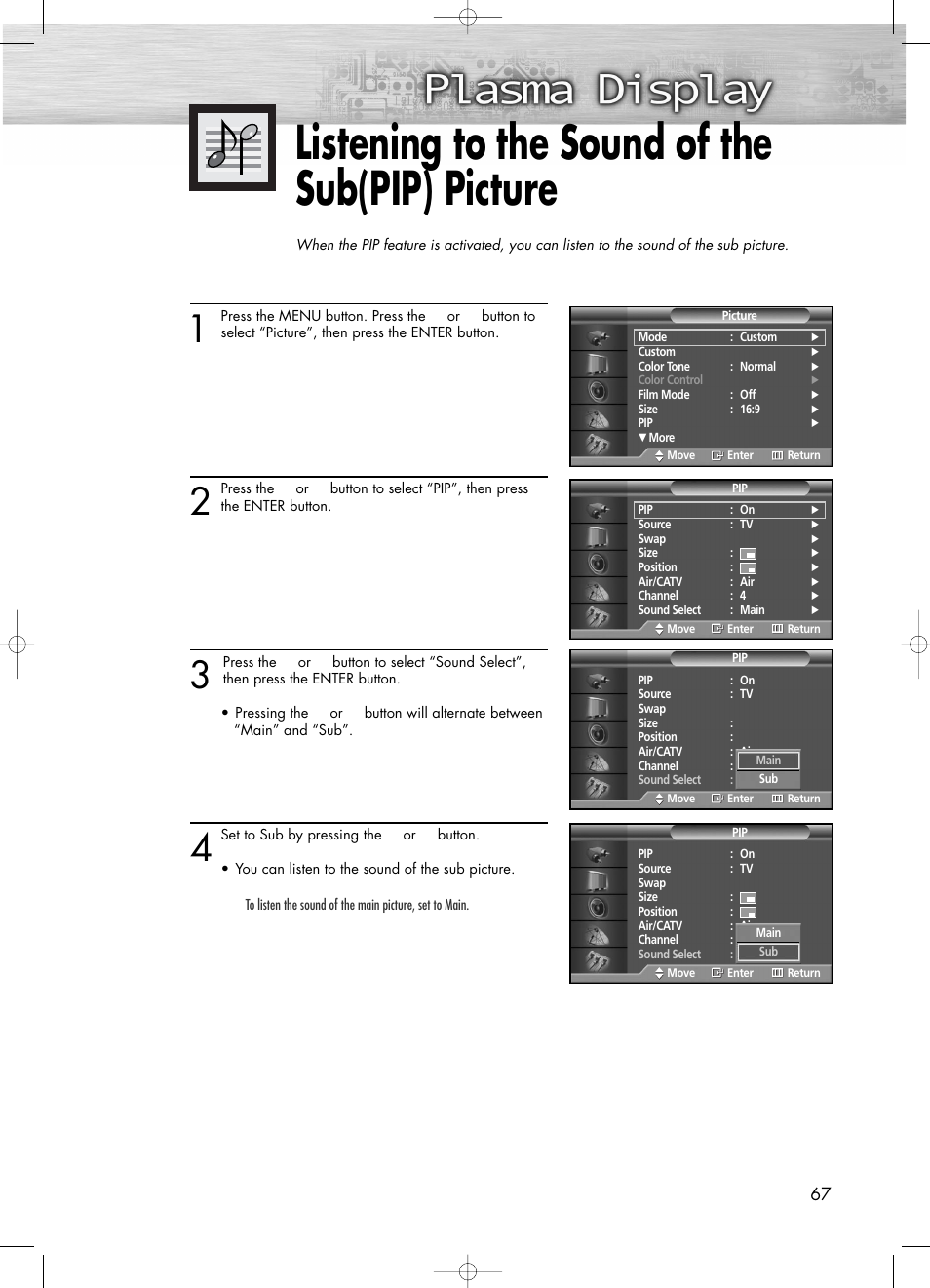 Listening to the sound of the sub(pip) picture | Samsung PL50D4HX-STR User Manual | Page 67 / 112