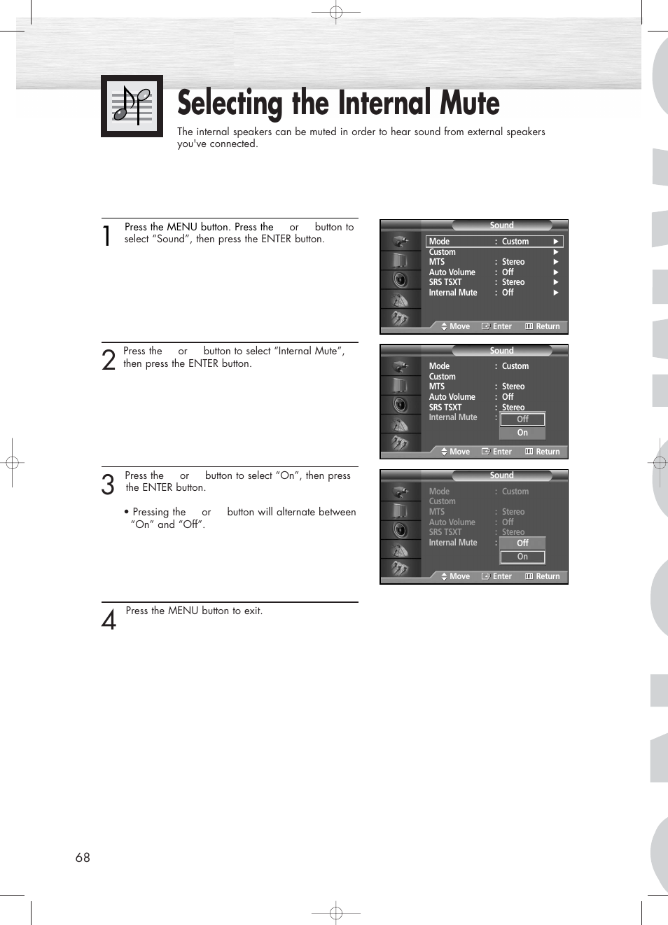 Selecting the internal mute | Samsung PL50D4HX-STR User Manual | Page 68 / 112