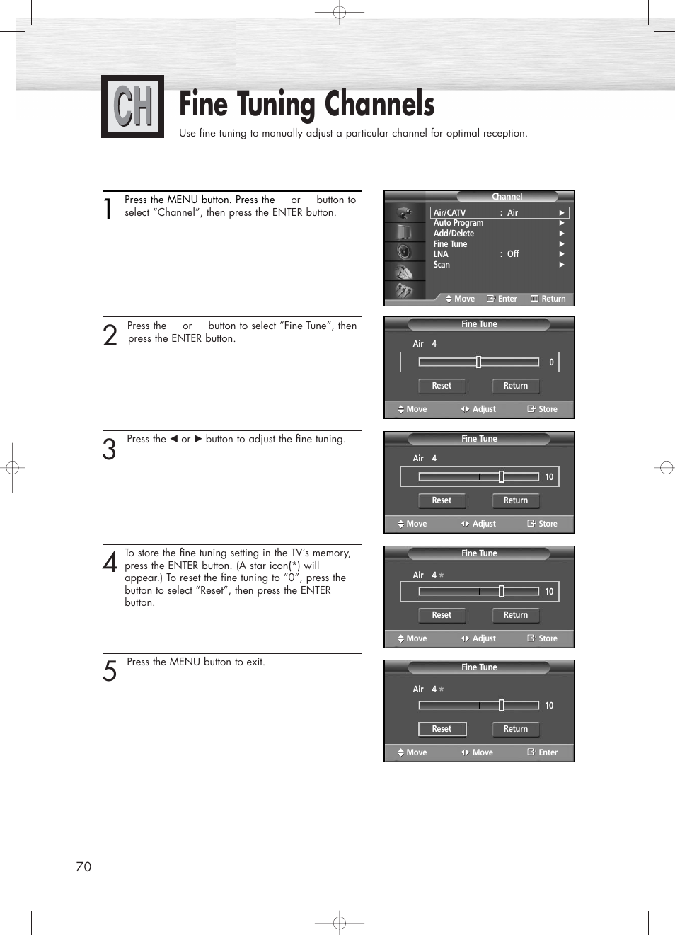 Fine tuning channels | Samsung PL50D4HX-STR User Manual | Page 70 / 112