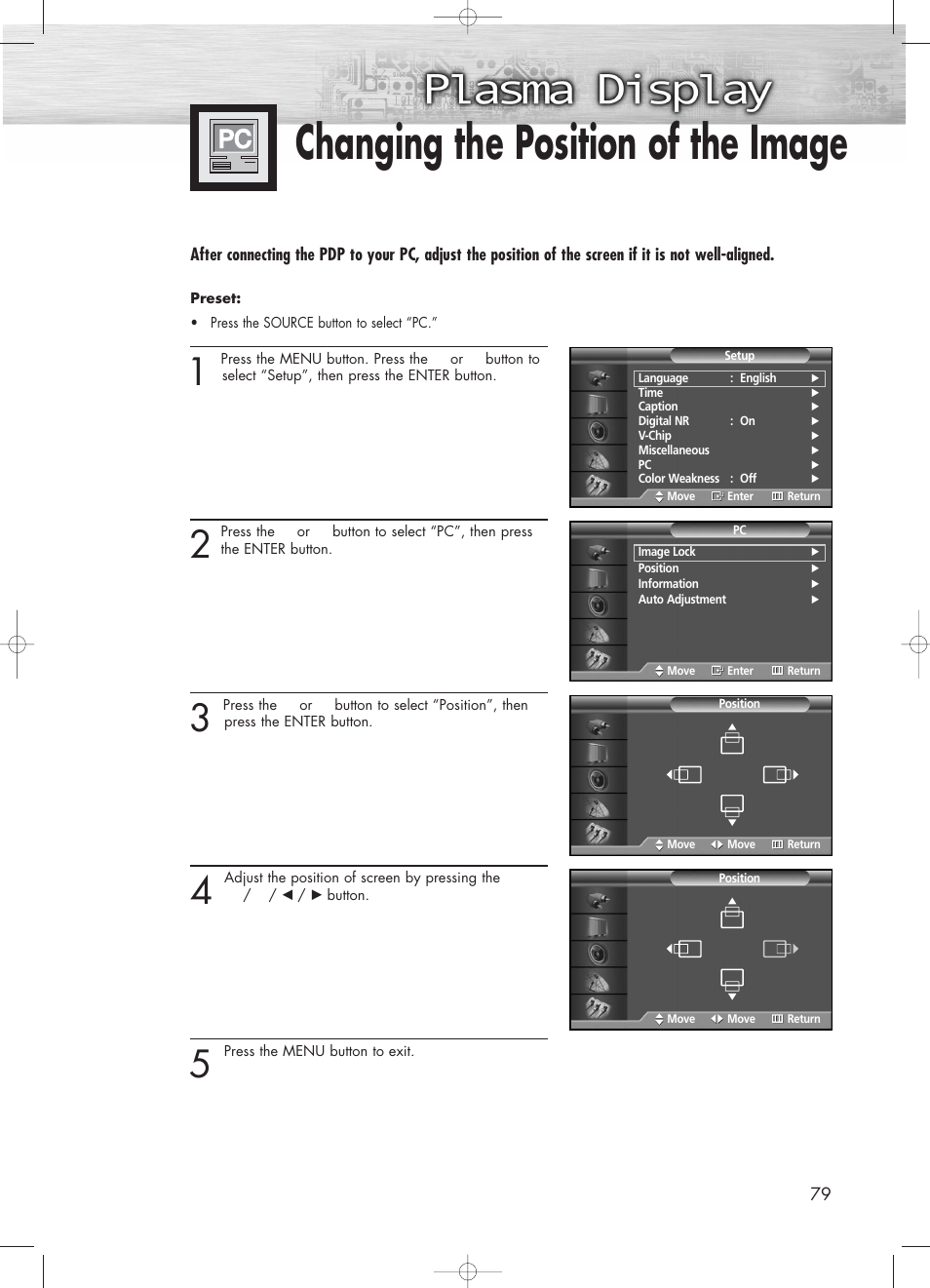 Changing the position of theimage, Changing the position of the image | Samsung PL50D4HX-STR User Manual | Page 79 / 112