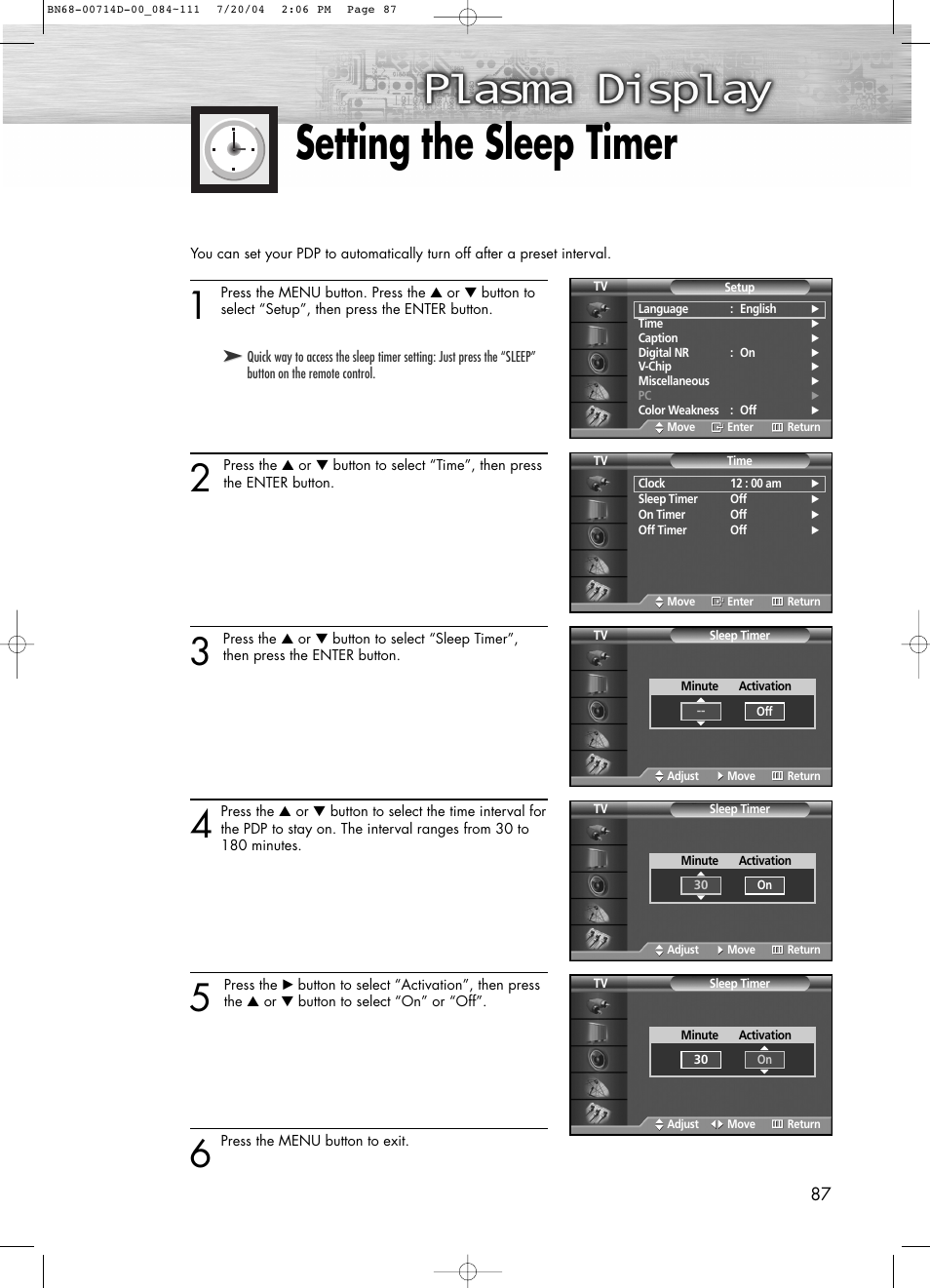 Setting the sleep timer | Samsung PL50D4HX-STR User Manual | Page 87 / 112