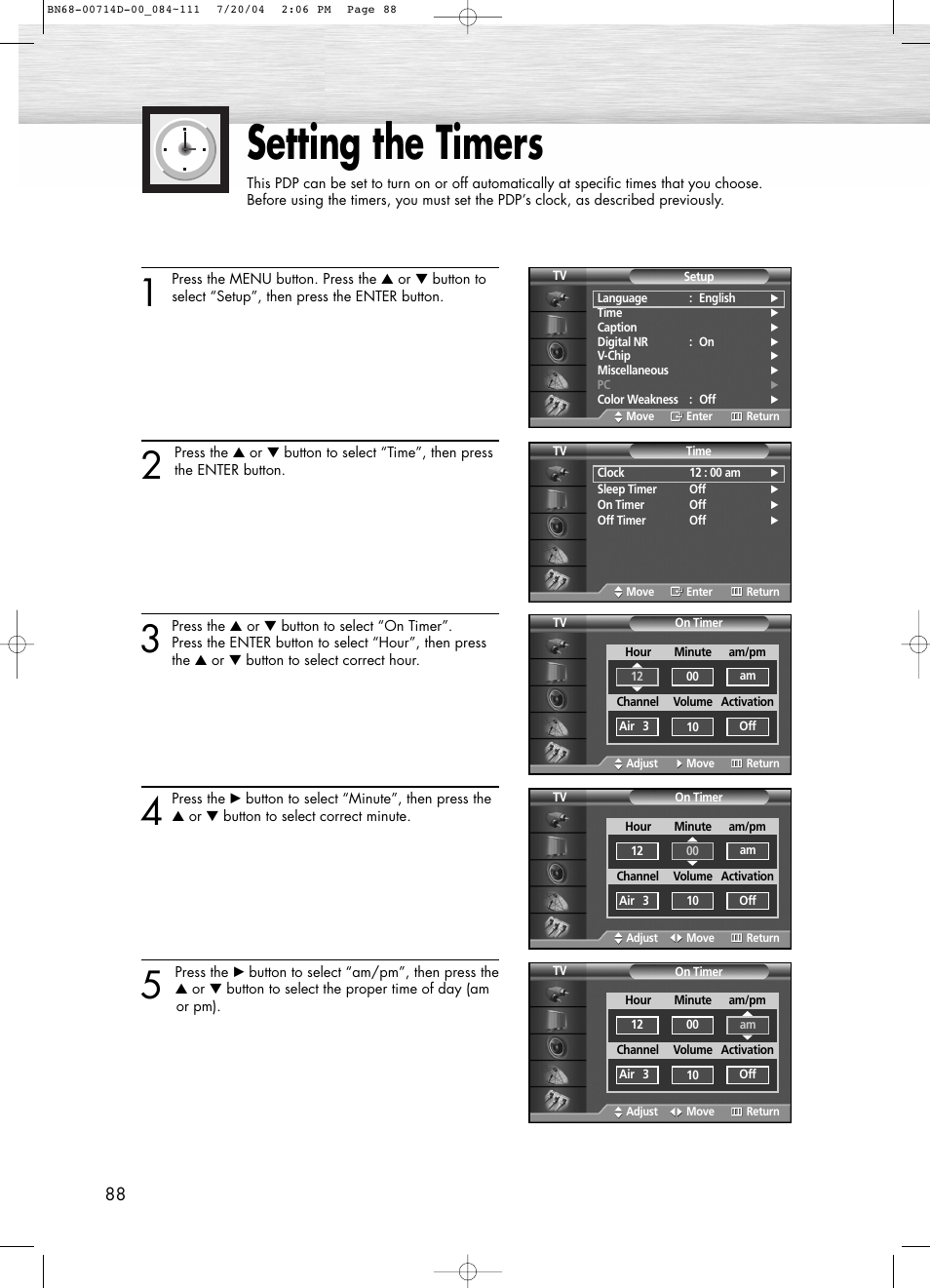 Setting the timers | Samsung PL50D4HX-STR User Manual | Page 88 / 112