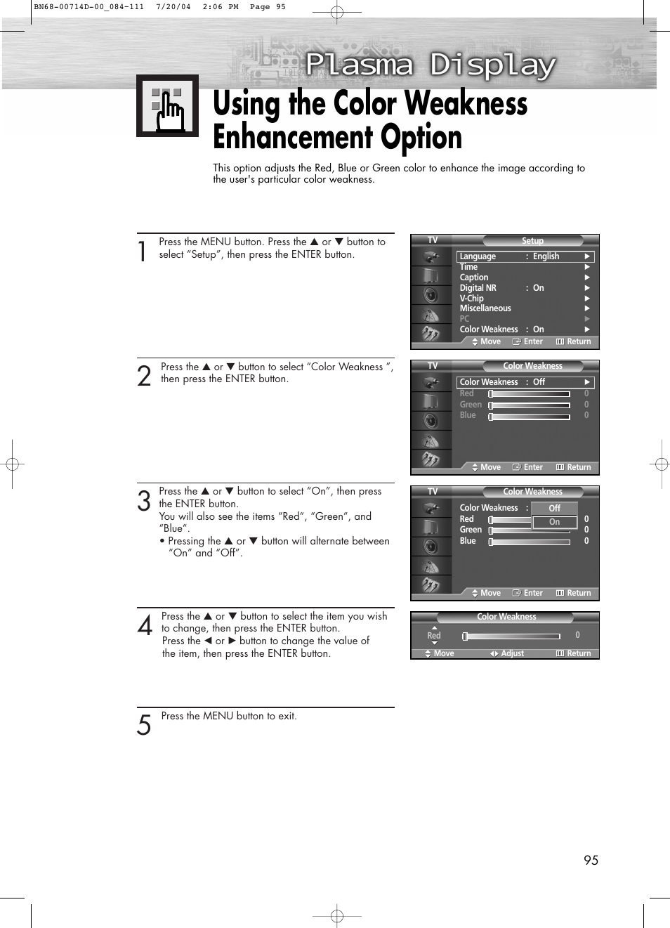 Using the color weakness enhancement option | Samsung PL50D4HX-STR User Manual | Page 95 / 112