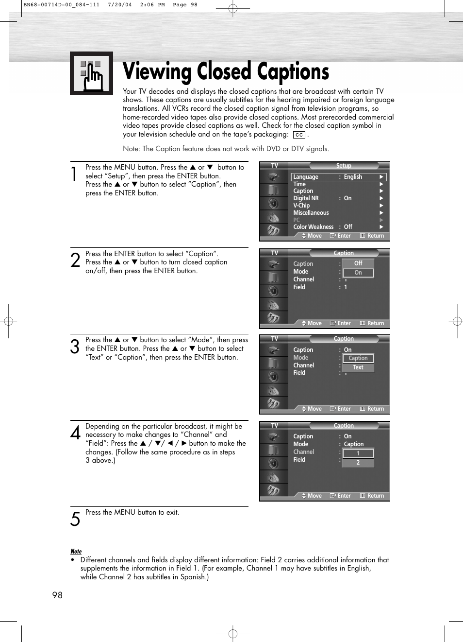 Viewing closed captions | Samsung PL50D4HX-STR User Manual | Page 98 / 112