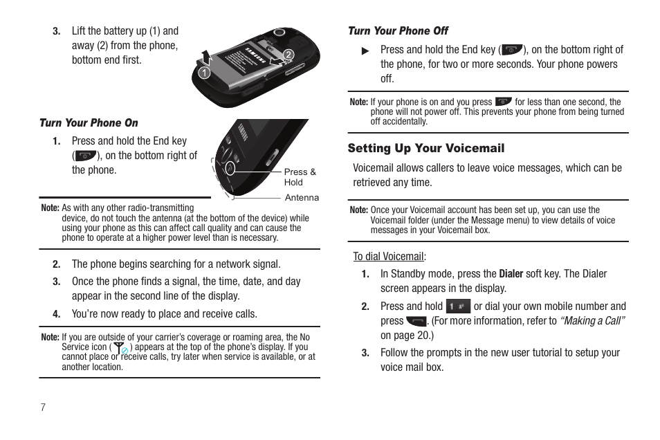 Turn your phone on, Turn your phone off, Setting up your voicemail | Samsung SCH-R630LBAUSC User Manual | Page 10 / 139