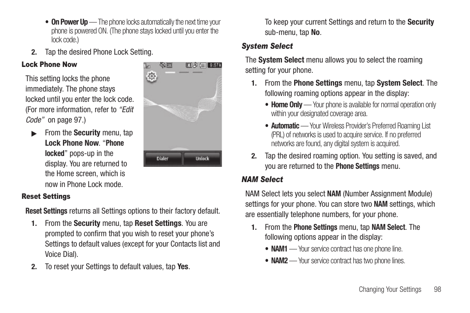 Lock phone now, Reset settings, System select | Nam select | Samsung SCH-R630LBAUSC User Manual | Page 101 / 139