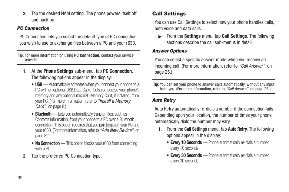 Pc connection, Call settings, Answer options | Auto retry, Pt the | Samsung SCH-R630LBAUSC User Manual | Page 102 / 139