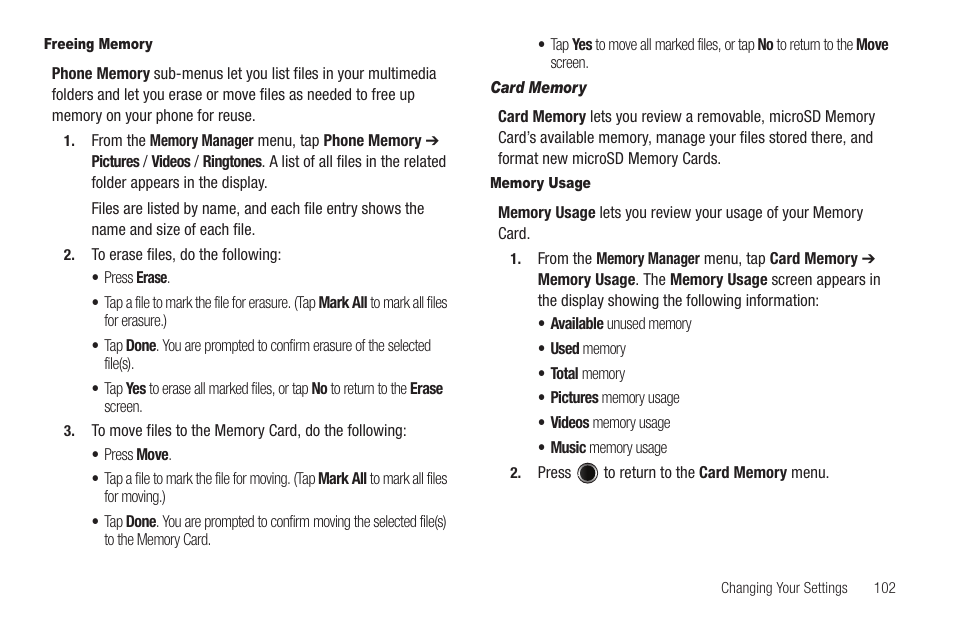 Freeing memory, Card memory, Memory usage | Samsung SCH-R630LBAUSC User Manual | Page 105 / 139