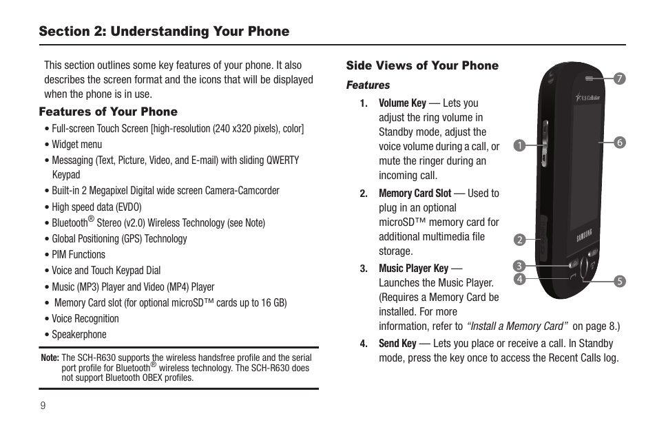 Section 2: understanding your phone, Features of your phone, Side views of your phone | Features, Features of your phone side views of your phone | Samsung SCH-R630LBAUSC User Manual | Page 12 / 139