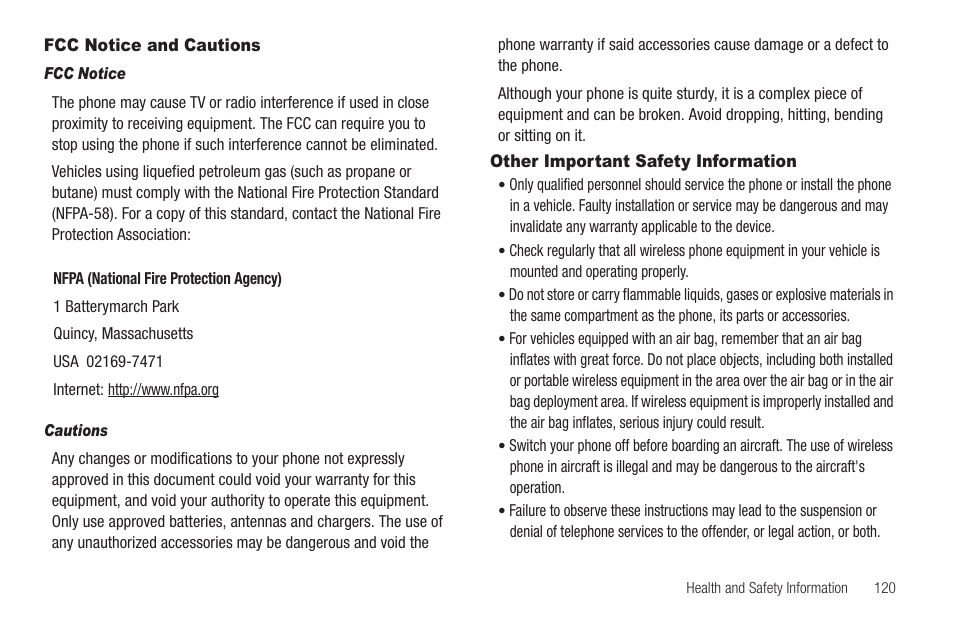 Fcc notice and cautions, Fcc notice, Cautions | Other important safety information | Samsung SCH-R630LBAUSC User Manual | Page 123 / 139