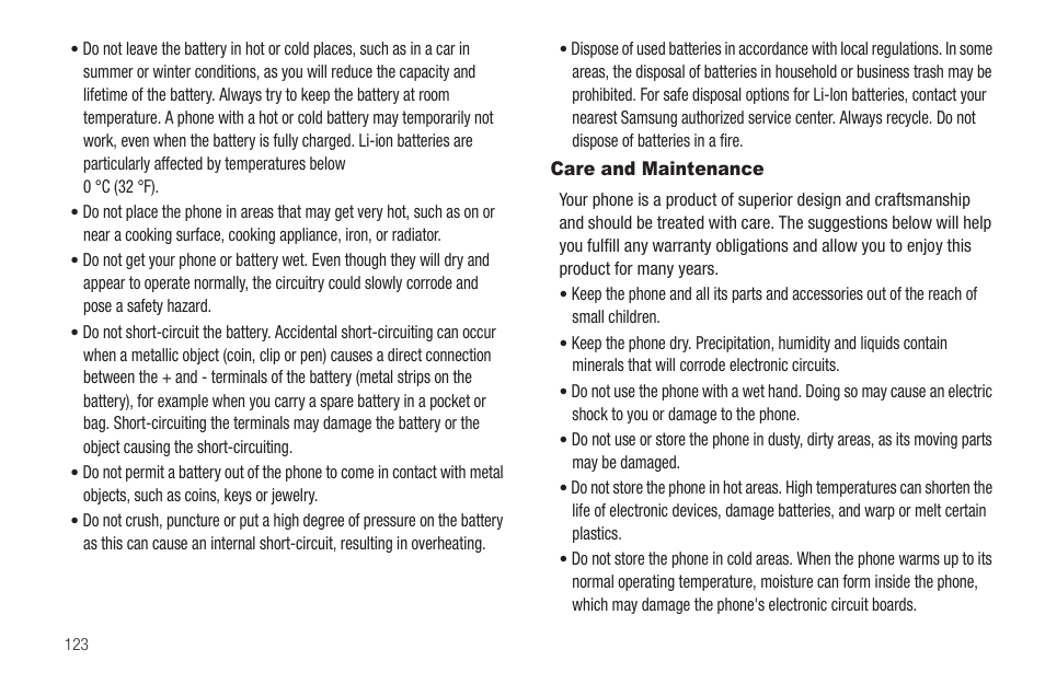 Care and maintenance | Samsung SCH-R630LBAUSC User Manual | Page 126 / 139