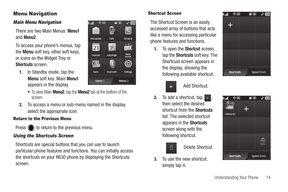 Menu navigation, Main menu navigation, Return to the previous menu | Using the shortcuts screen, Shortcut screen | Samsung SCH-R630LBAUSC User Manual | Page 17 / 139