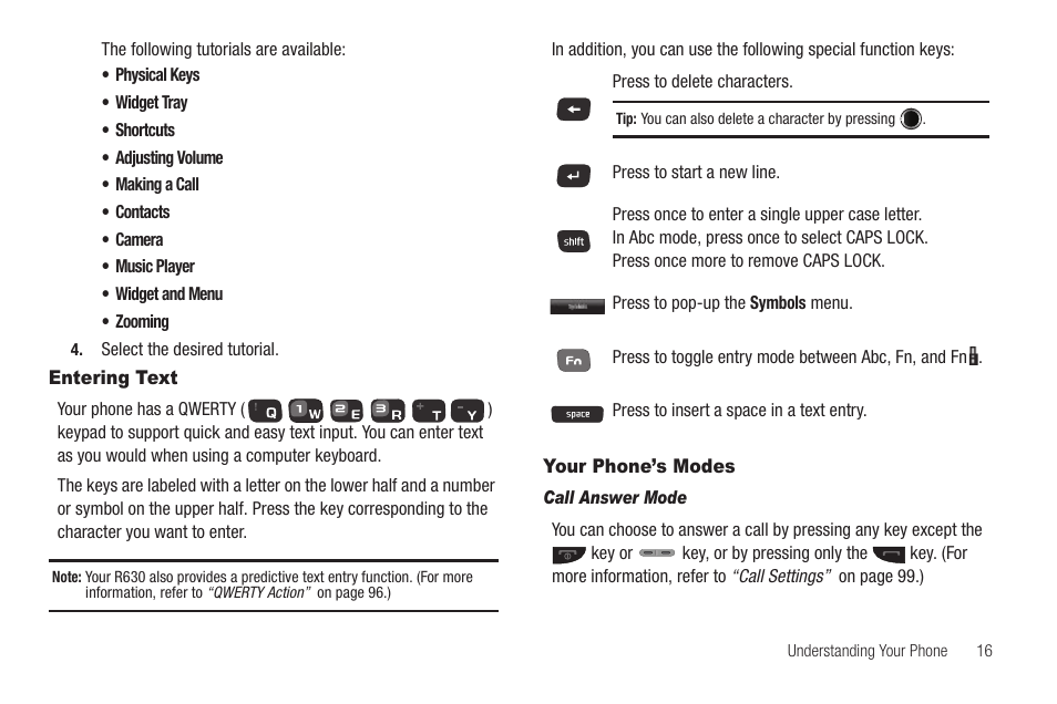 Entering text, Your phone’s modes, Call answer mode | Entering text your phone’s modes | Samsung SCH-R630LBAUSC User Manual | Page 19 / 139