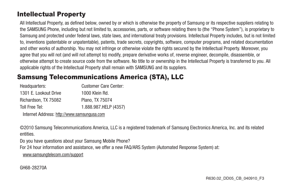 Intellectual property, Samsung telecommunications america (sta), llc | Samsung SCH-R630LBAUSC User Manual | Page 2 / 139