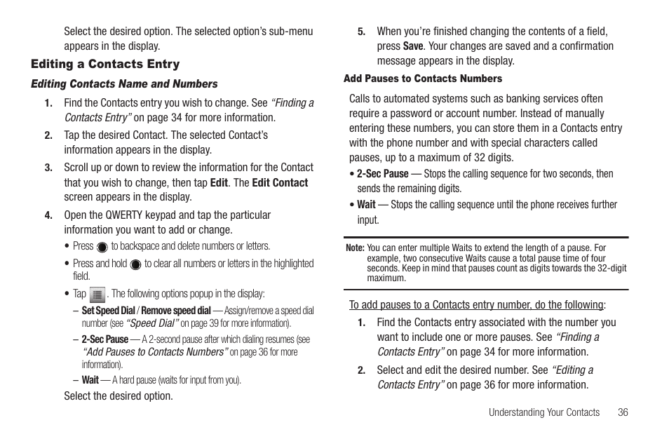 Editing a contacts entry, Editing contacts name and numbers, Add pauses to contacts numbers | Samsung SCH-R630LBAUSC User Manual | Page 39 / 139