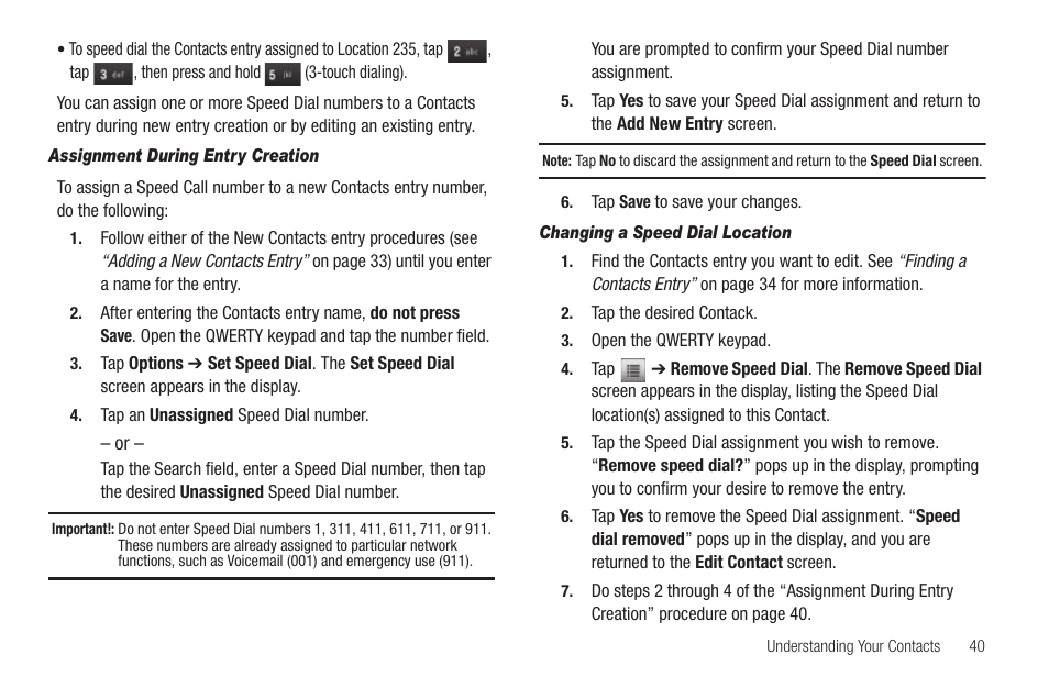 Assignment during entry creation, Changing a speed dial location | Samsung SCH-R630LBAUSC User Manual | Page 43 / 139