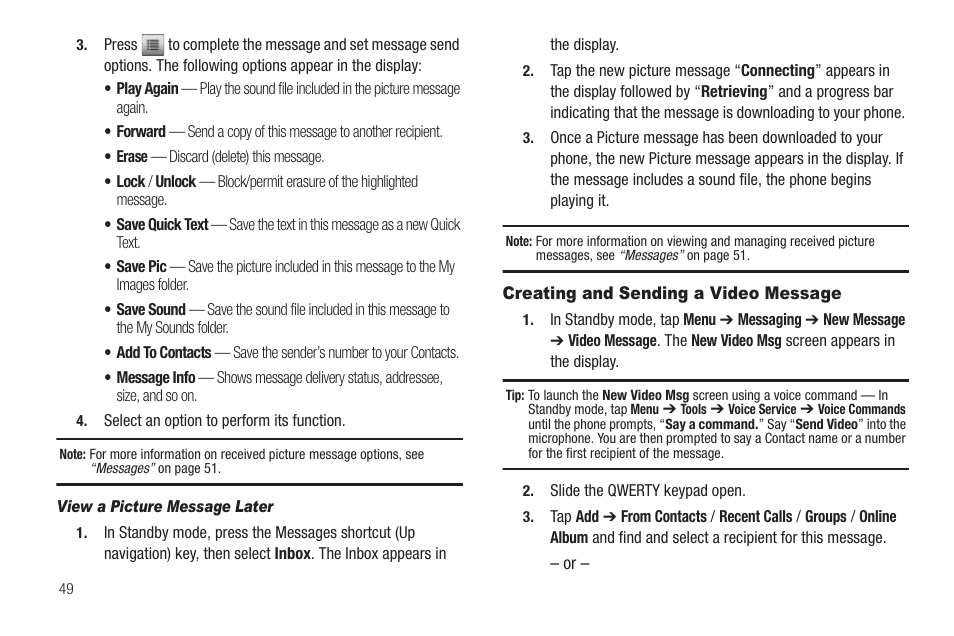 View a picture message later, Creating and sending a video message | Samsung SCH-R630LBAUSC User Manual | Page 52 / 139