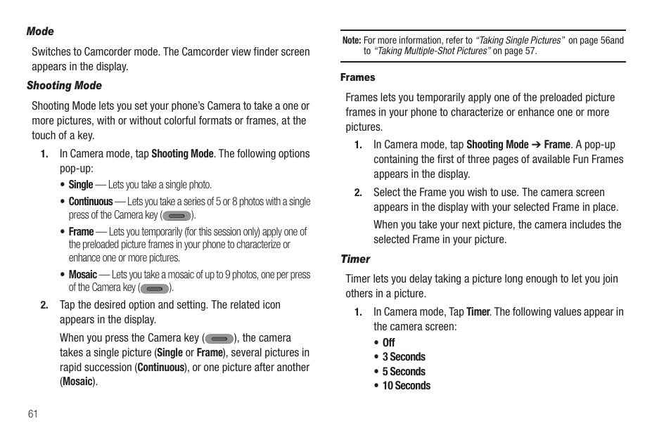 Mode, Shooting mode, Frames | Timer | Samsung SCH-R630LBAUSC User Manual | Page 64 / 139