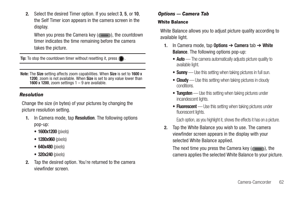 Resolution, Options — camera tab, White balance | Samsung SCH-R630LBAUSC User Manual | Page 65 / 139