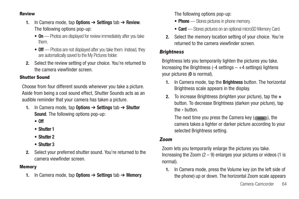 Review, Shutter sound, Memory | Brightness, Zoom | Samsung SCH-R630LBAUSC User Manual | Page 67 / 139